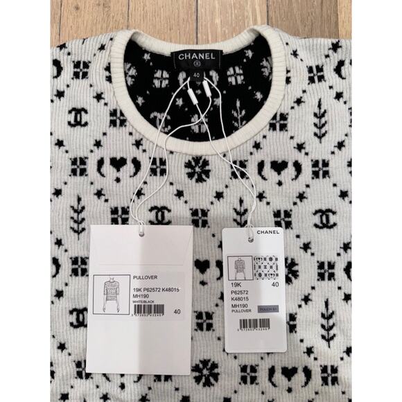 Chanel 19K Coco Neige Black White Wool CC Logo Top Short Sleeve Tee T Shirt 40 - Picture 6 of 16